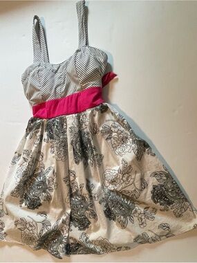 City Triangles Striped Bodice Cream Floral Dress with Hot Pink Waist